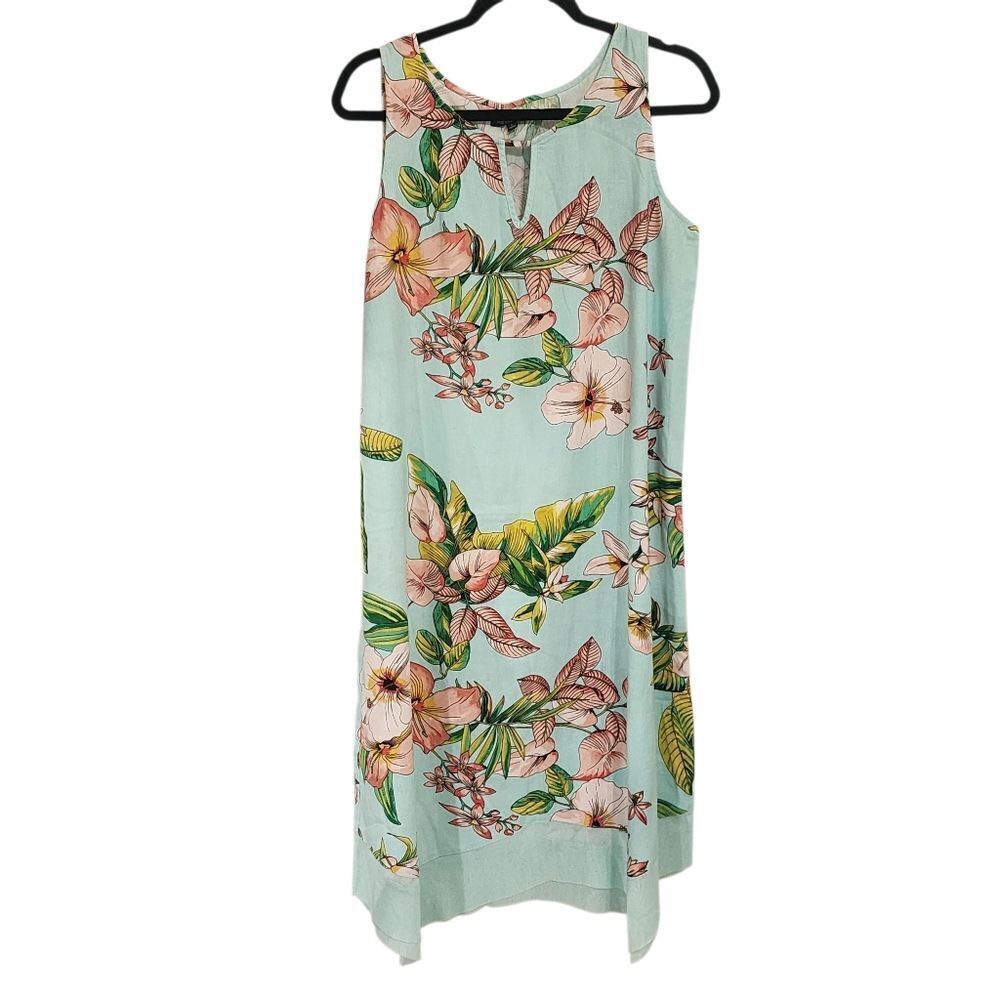 For Cynthia Midi Dress L Linen Blend Floral Tropical Print Vacation Resort